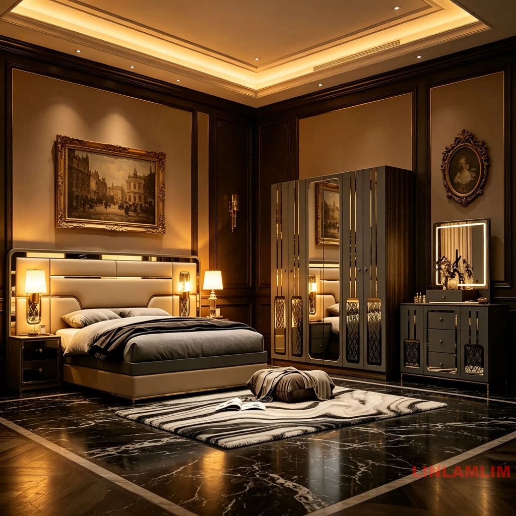 MINBDIBAO Turkish style Bedroom Set – King Bed with Upholstered Headboard, Nightstands, Wardrobe with Mirrored Doors, Dresser