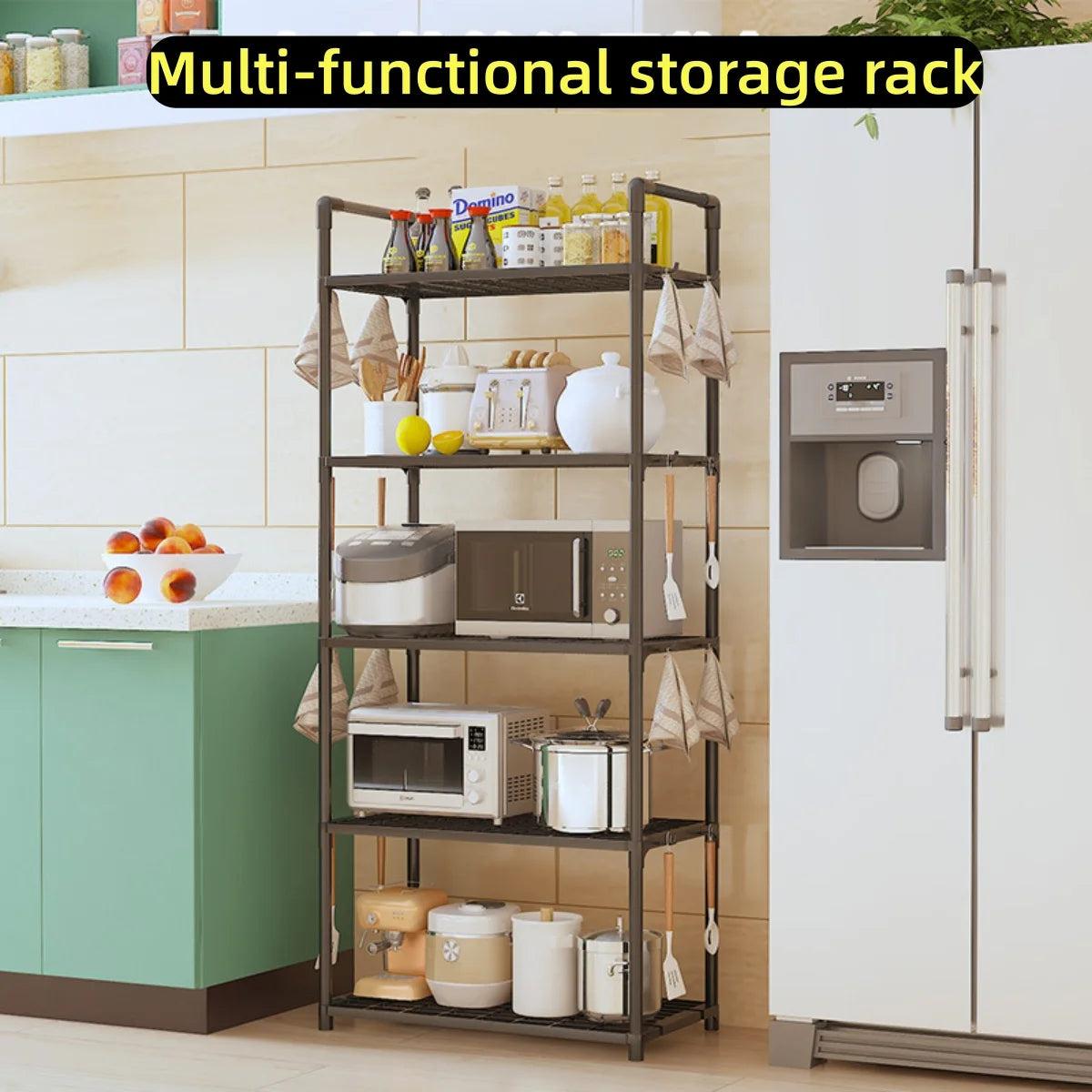 Kitchen storage rack - a multi-level, multi-functional home storage and organizing stand for floors