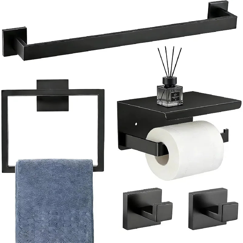 5-Piece Bathroom Hardware Set – Wall Mounted Towel Bar, Robe Hook, Shelf and Tissue Paper Holder for Bathroom Accessories