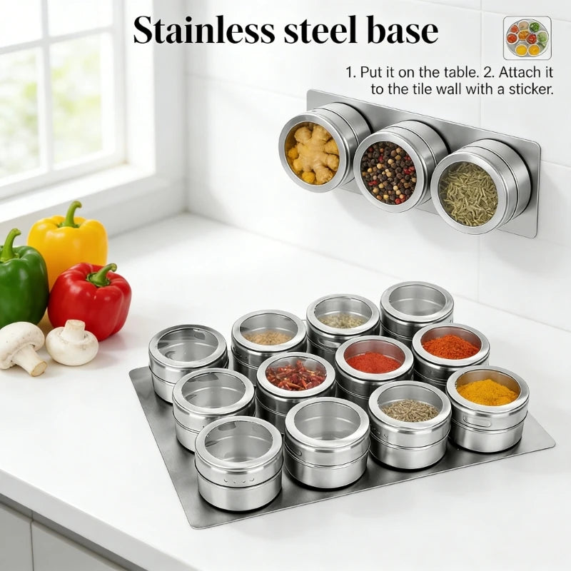 Kitchen Counter Seasoning Jar Set, 12 Piece Metal Jars with Clear Top Window, Base Tray and Daily Cooking Access for Home B03E