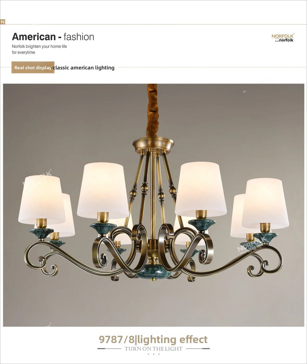 American Simple Country Living Room Bedroom Lighting Simple Pastoral Villa Hall Dining Room Light Marble All Copper Chandelier