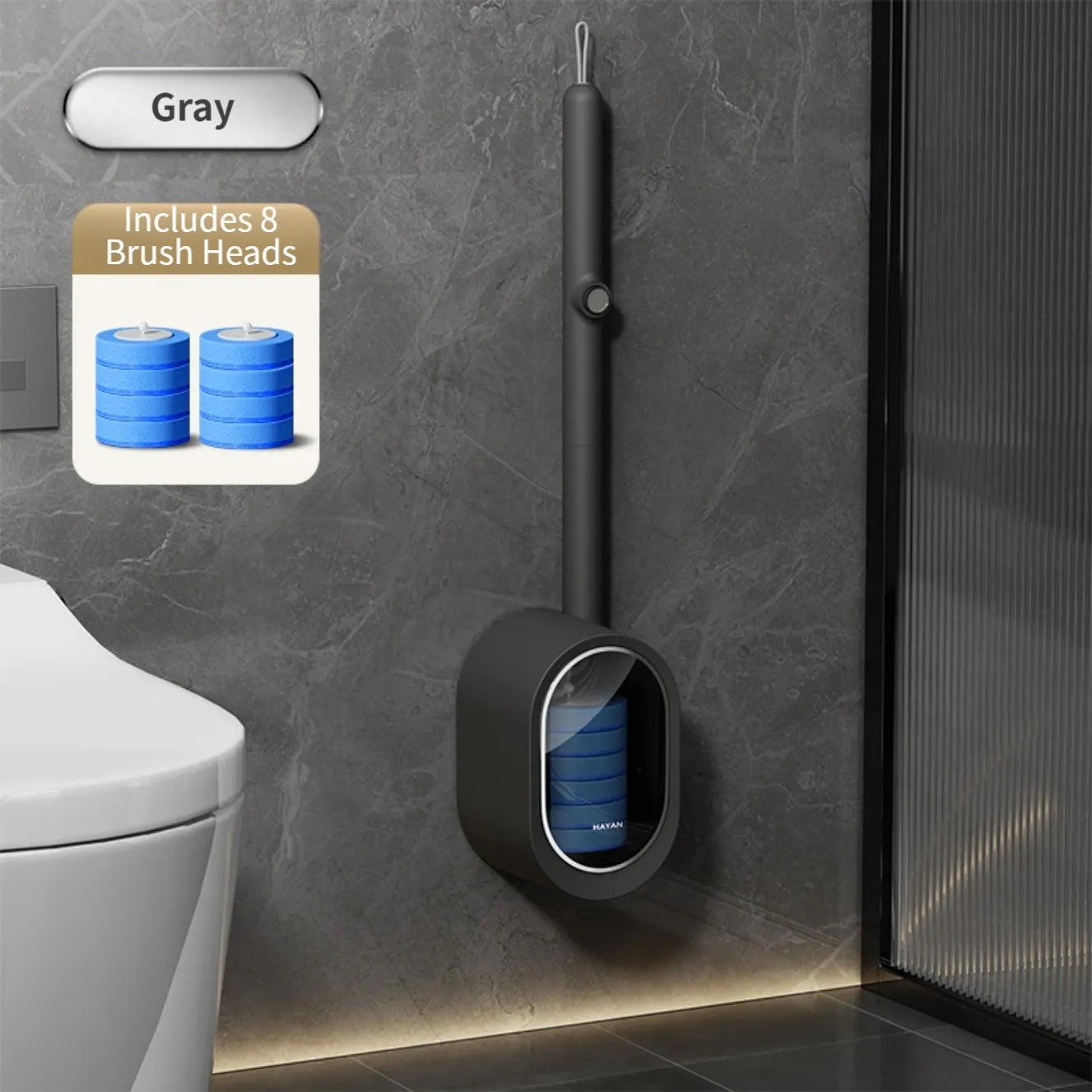 Bathroom Cleaning Kit with Disposable Toilet Brush Wall Mounted No Drill Installation and Built in Cleaning Solution