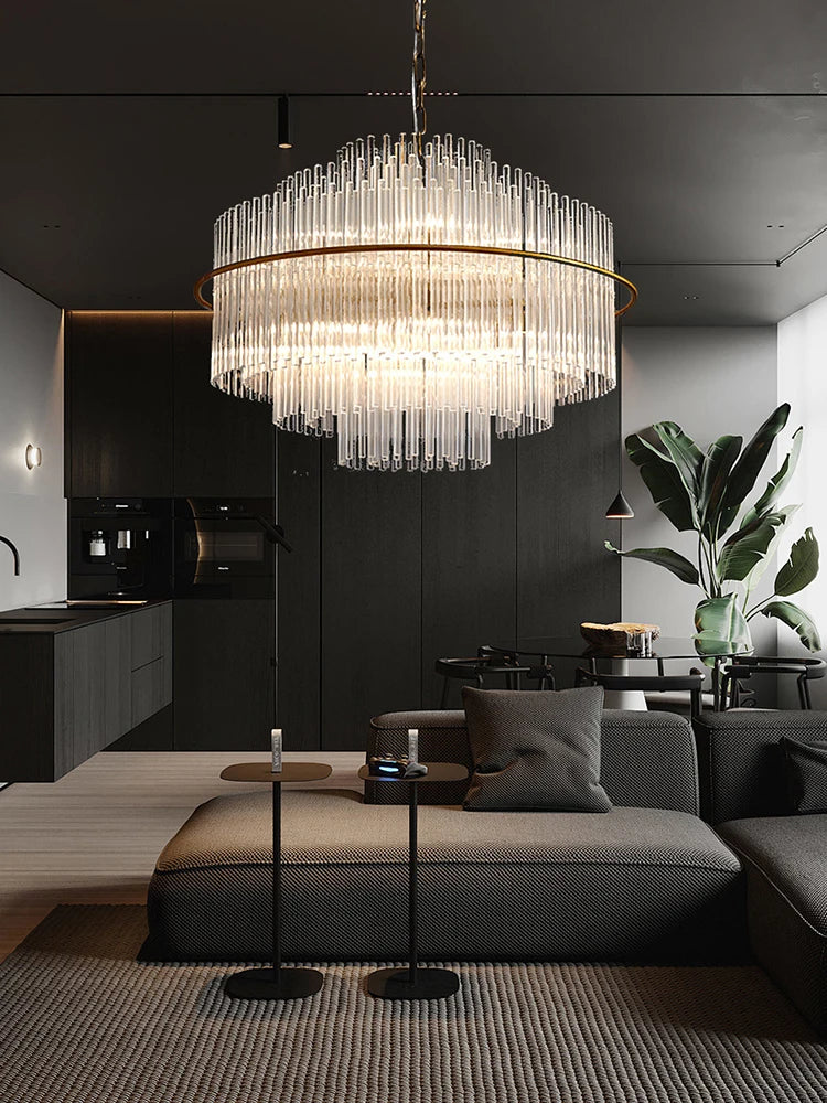 Living Room Ceiling Chandeliers Glass Rods Lamp Round Lighting Fixtures Modern Home Luxury Lustre Foyer Big Hanging Light Gold