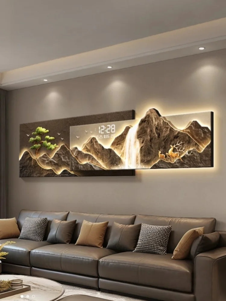 Living Room Decoration Lights Painting Light Luxury Sofa Background Wall Clock Lights Painting High-end Clock Hanging Painting