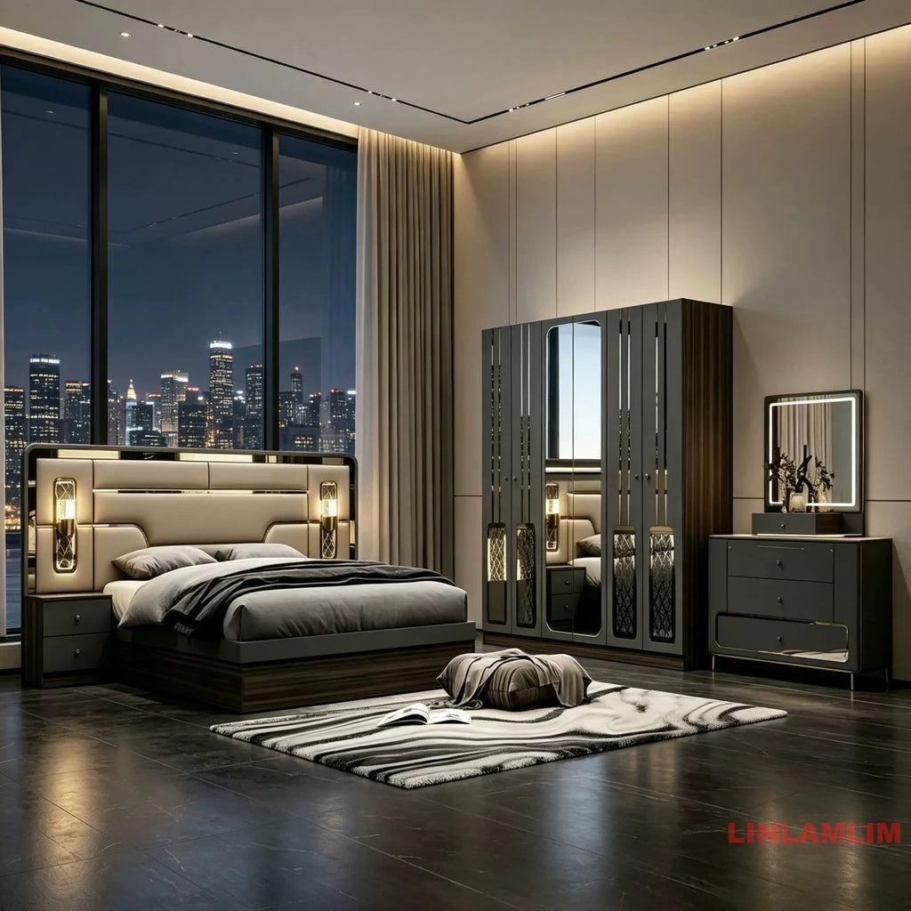 MINBDIBAO Turkish style Bedroom Set – King Bed with Upholstered Headboard, Nightstands, Wardrobe with Mirrored Doors, Dresser