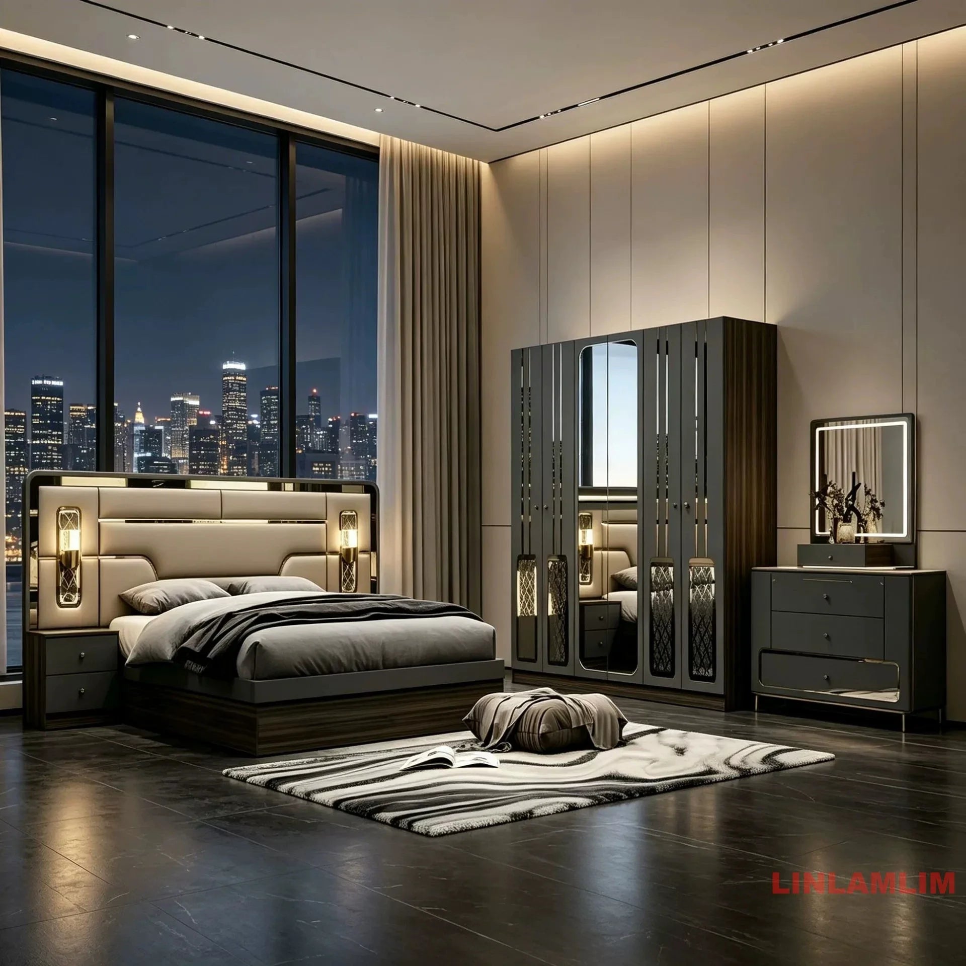 MINBDIBAO Turkish style Bedroom Set – King Bed with Upholstered Headboard, Nightstands, Wardrobe with Mirrored Doors, Dresser