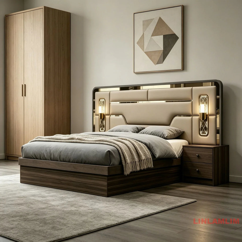 MINBDIBAO Turkish style Bedroom Set – King Bed with Upholstered Headboard, Nightstands, Wardrobe with Mirrored Doors, Dresser