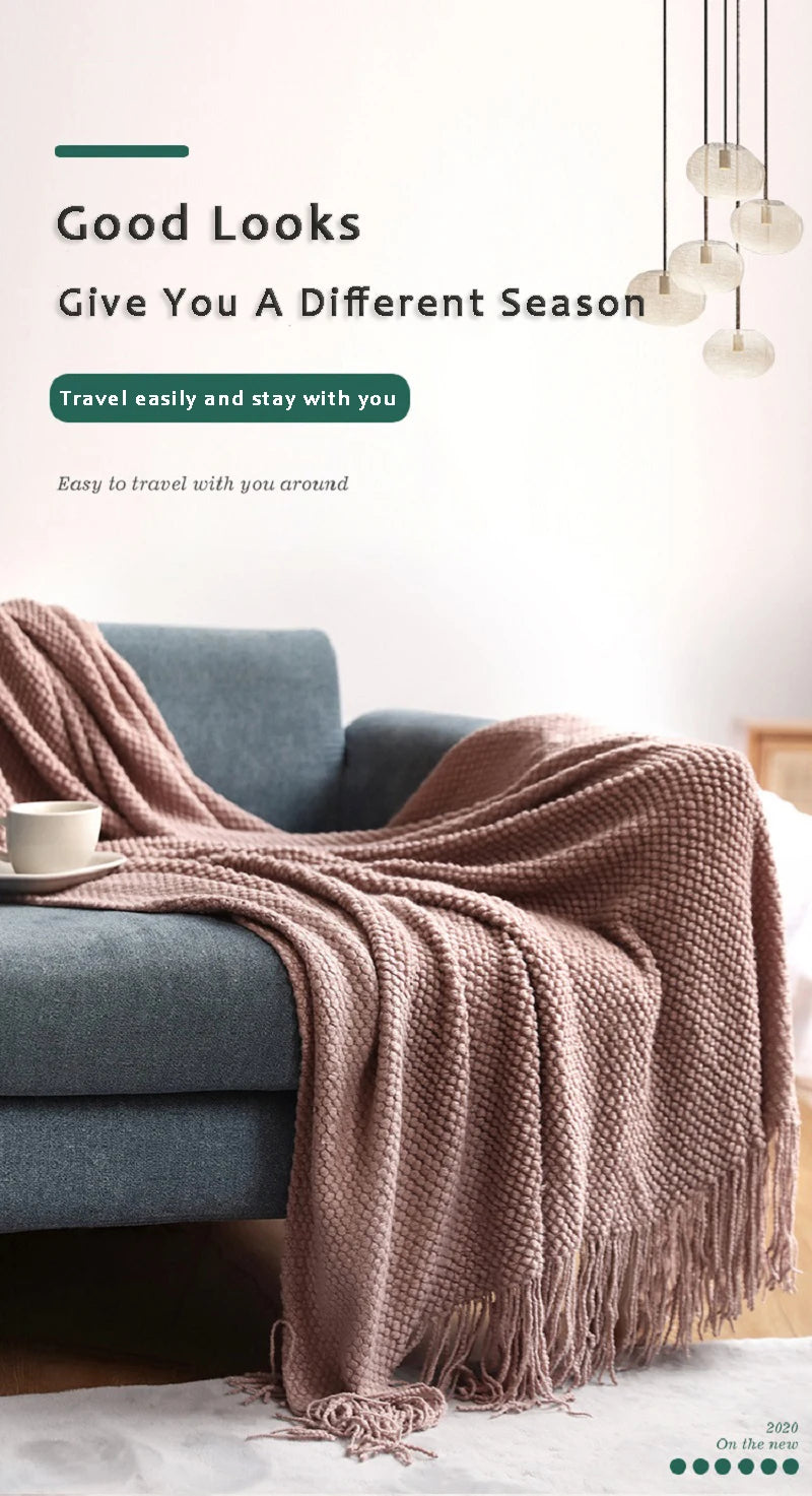 Nordic Knitted Blanket on the Bed Sofa Plaid Travel Nap Blankets Solid Color Soft Winter Air Conditioning Blanket with Tassels