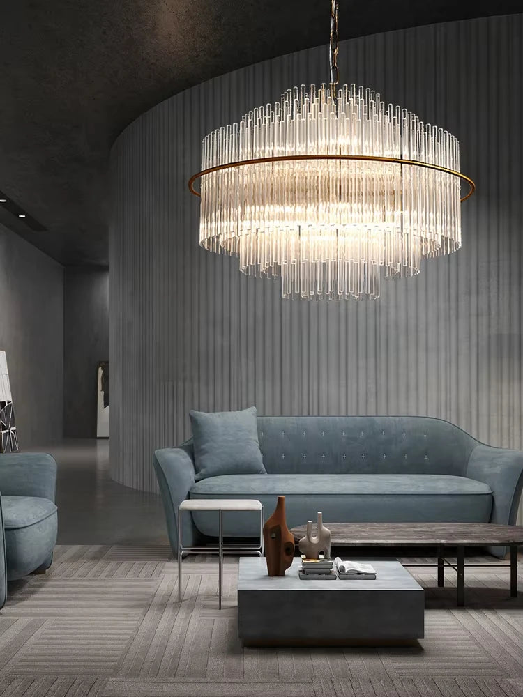 Living Room Ceiling Chandeliers Glass Rods Lamp Round Lighting Fixtures Modern Home Luxury Lustre Foyer Big Hanging Light Gold