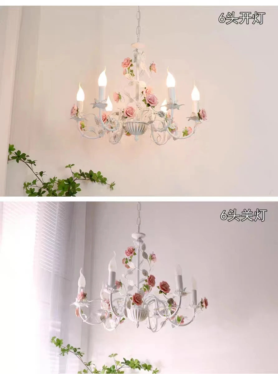 Bedroom Pastoral Rose French Chandelier Children's Room Wrought Iron Warm American Retro Princess Style Fresh Lamps