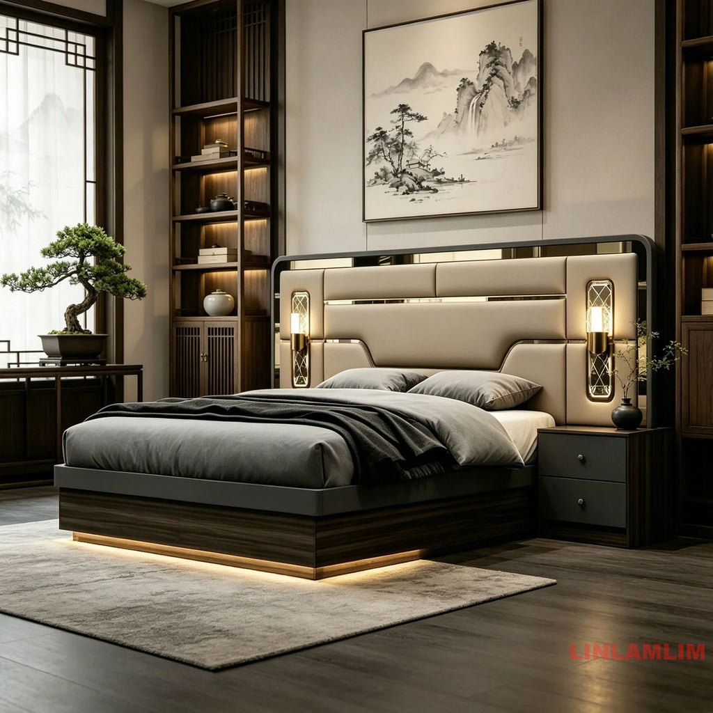 MINBDIBAO Turkish style Bedroom Set – King Bed with Upholstered Headboard, Nightstands, Wardrobe with Mirrored Doors, Dresser
