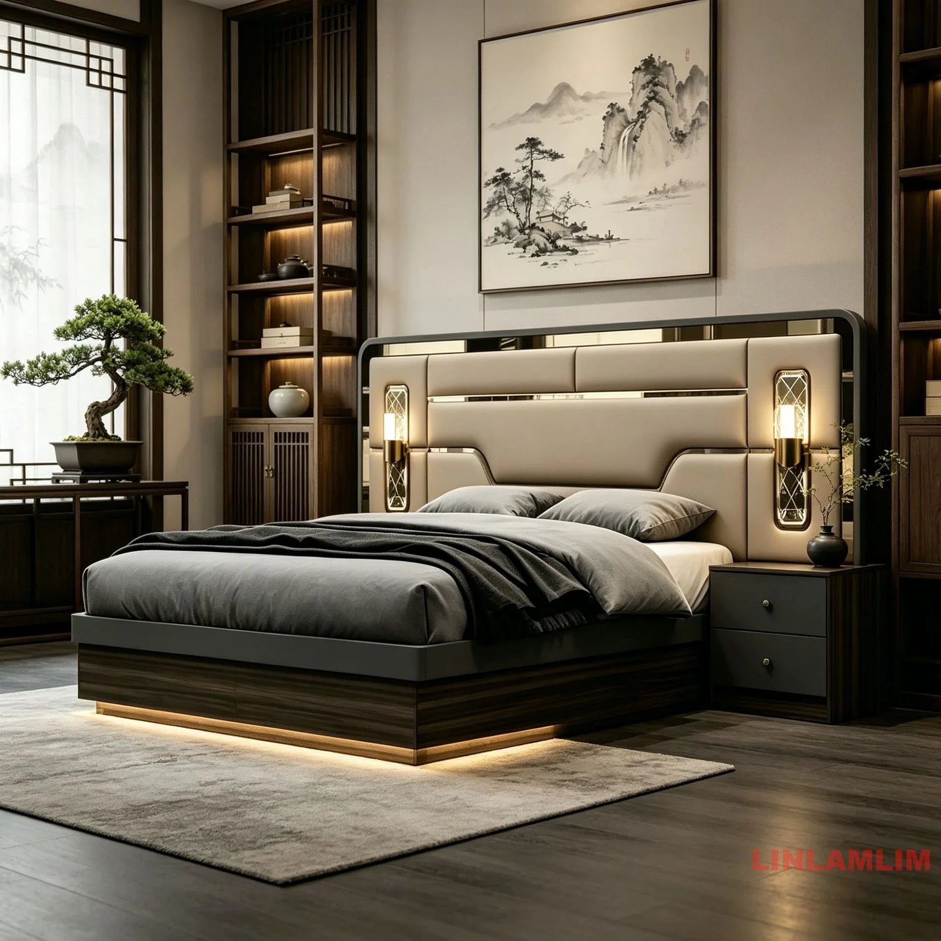 MINBDIBAO Turkish style Bedroom Set – King Bed with Upholstered Headboard, Nightstands, Wardrobe with Mirrored Doors, Dresser