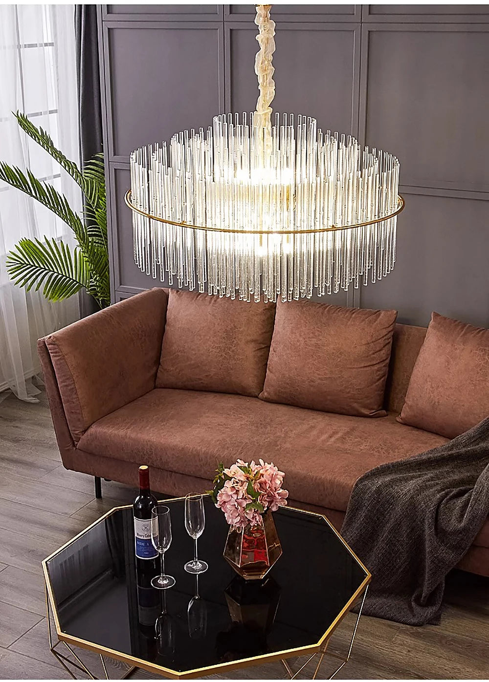 Living Room Ceiling Chandeliers Glass Rods Lamp Round Lighting Fixtures Modern Home Luxury Lustre Foyer Big Hanging Light Gold
