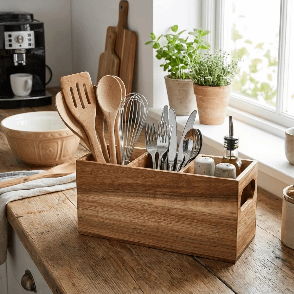 Kitchen Tools Wooden Utensil Organizer 3 Compartment Space Saving Storage Rack Durable Rustic Cutlery Holder Kitchen