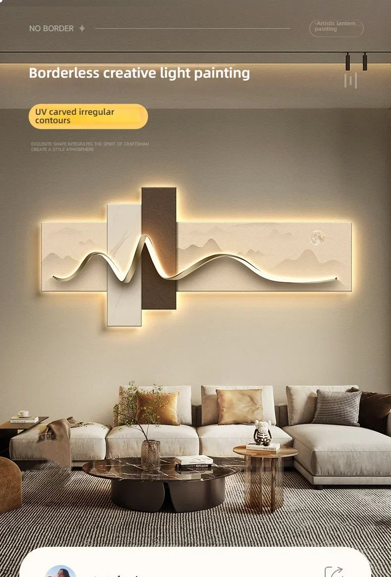 Living room decoration painting LED ambient wall light painting modern luxury sofa background wall, minimalist hanging painting