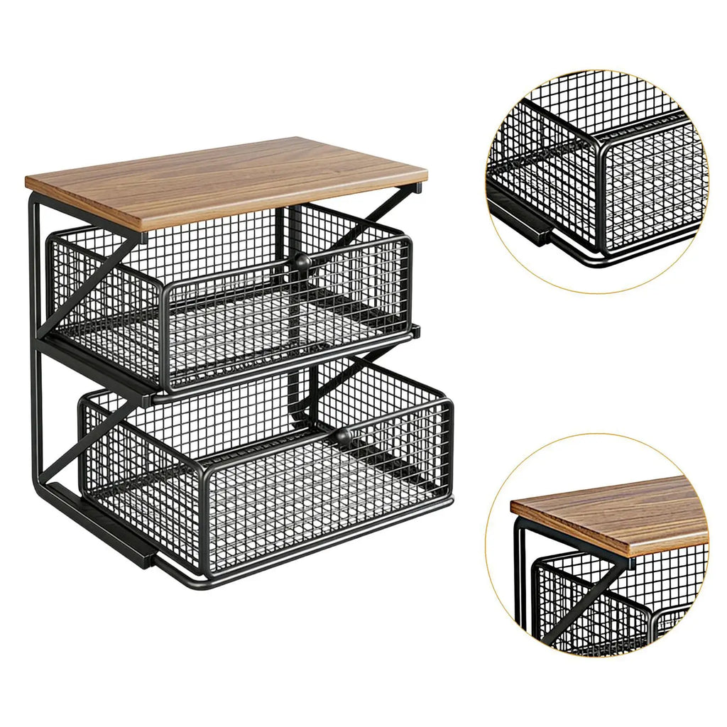 Kitchen Counter Shelf Organizer Ironwood Drawer Storage Rack Coffee Accessories Station for Room and Pantry