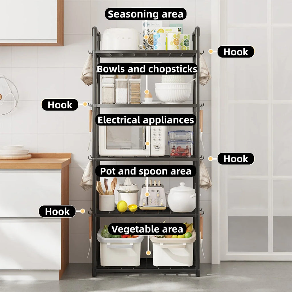 Kitchen storage rack - a multi-level, multi-functional home storage and organizing stand for floors