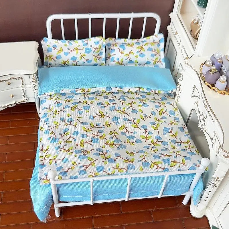 Four Piece Bed Set: Miniature Bed, Bed Sheet, Quilt & Pillow with Quilt Cover - Dollhouse Bedding Set for Doll Bedroom Decoratio