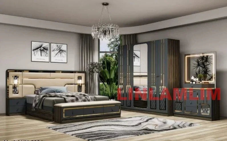 MINBDIBAO Turkish style Bedroom Set – King Bed with Upholstered Headboard, Nightstands, Wardrobe with Mirrored Doors, Dresser