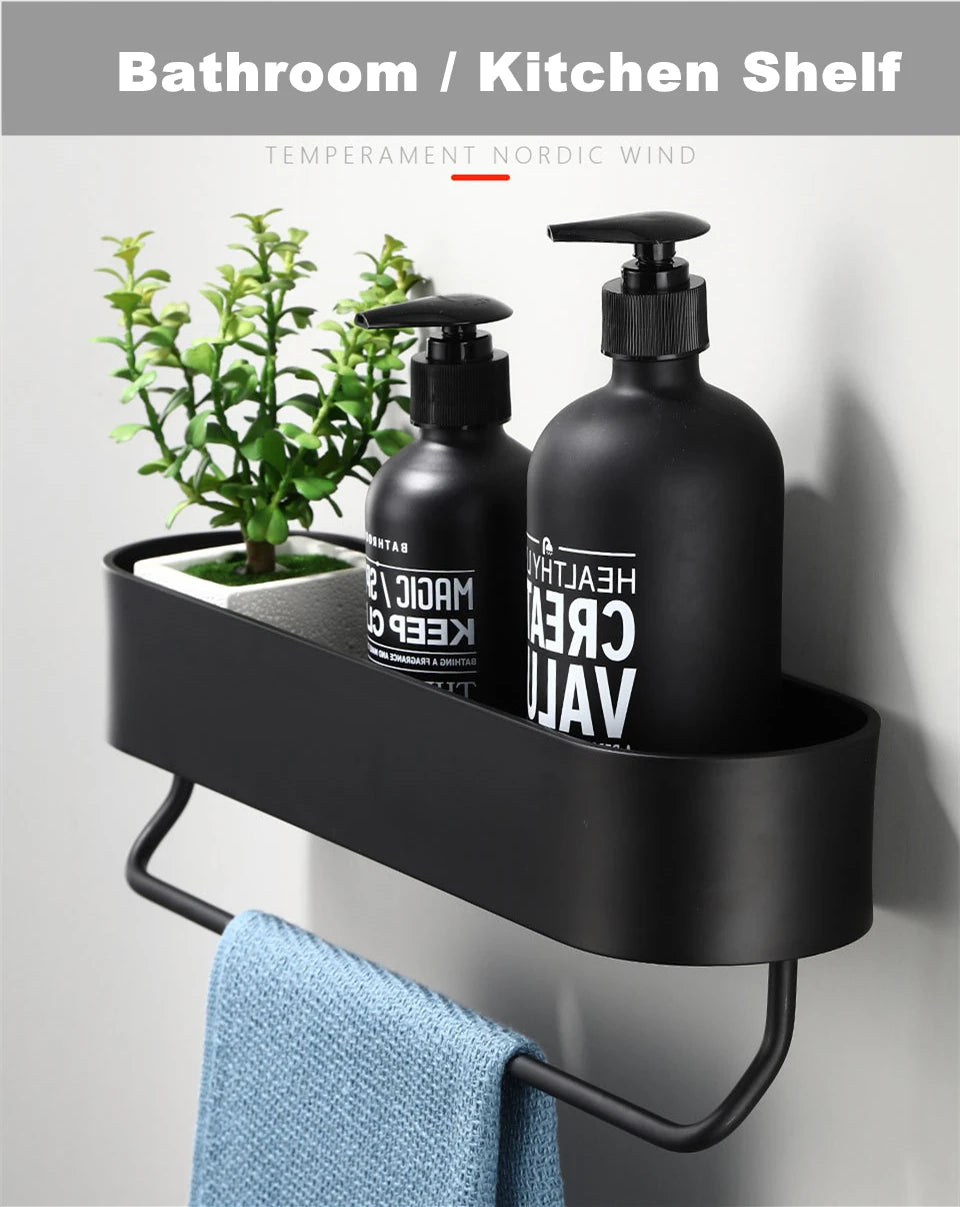 Black Bathroom Shelf Shower Basket Kitchen Storage Rack With Towel Bar Cosmetics Wall Shelves Bathroom Accessories