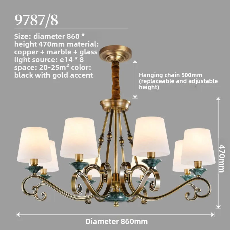 American Simple Country Living Room Bedroom Lighting Simple Pastoral Villa Hall Dining Room Light Marble All Copper Chandelier