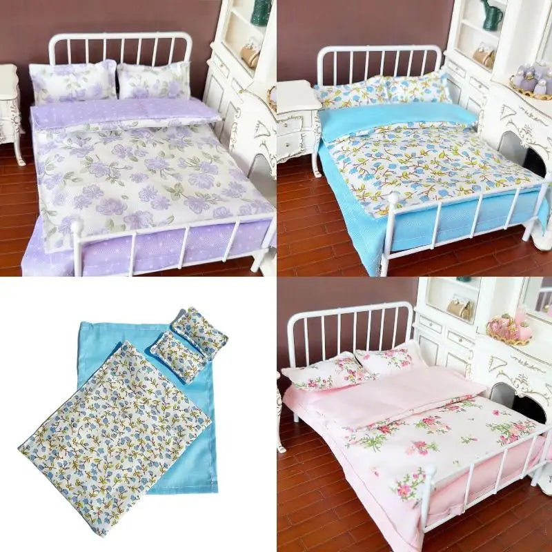 Four Piece Bed Set: Miniature Bed, Bed Sheet, Quilt & Pillow with Quilt Cover - Dollhouse Bedding Set for Doll Bedroom Decoratio