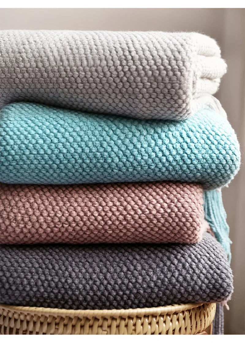 Nordic Knitted Blanket on the Bed Sofa Plaid Travel Nap Blankets Solid Color Soft Winter Air Conditioning Blanket with Tassels