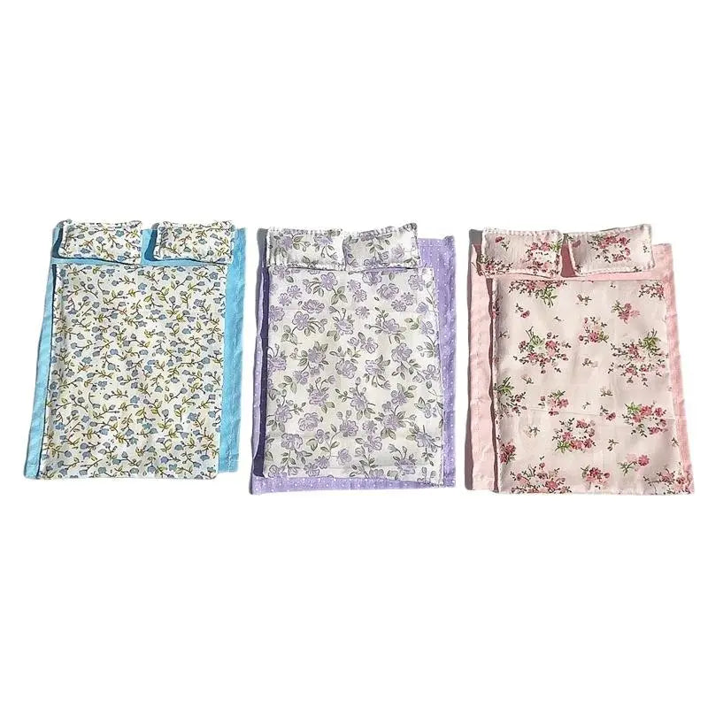 Four Piece Bed Set: Miniature Bed, Bed Sheet, Quilt & Pillow with Quilt Cover - Dollhouse Bedding Set for Doll Bedroom Decoratio