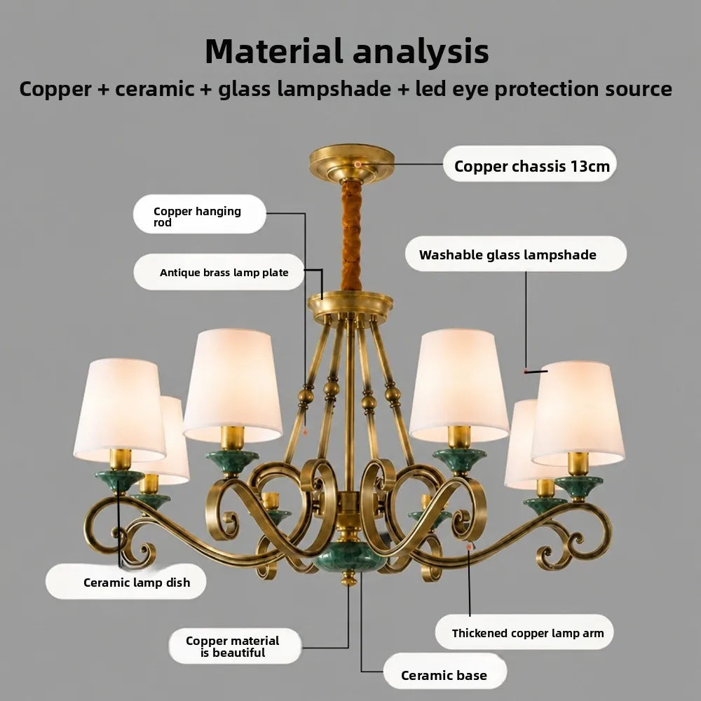 American Simple Country Living Room Bedroom Lighting Simple Pastoral Villa Hall Dining Room Light Marble All Copper Chandelier