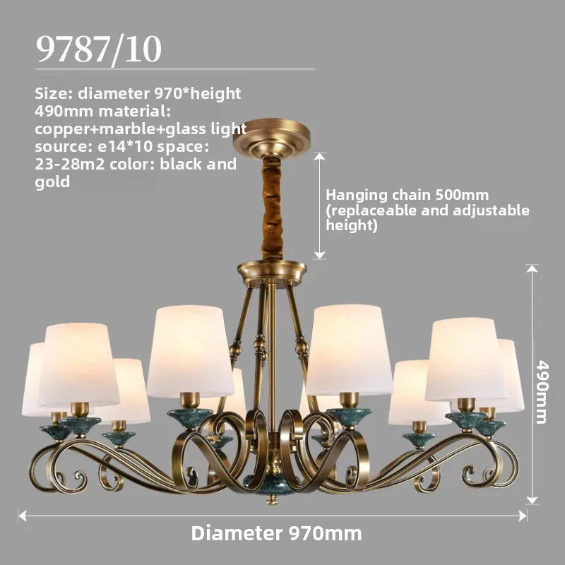 American Simple Country Living Room Bedroom Lighting Simple Pastoral Villa Hall Dining Room Light Marble All Copper Chandelier