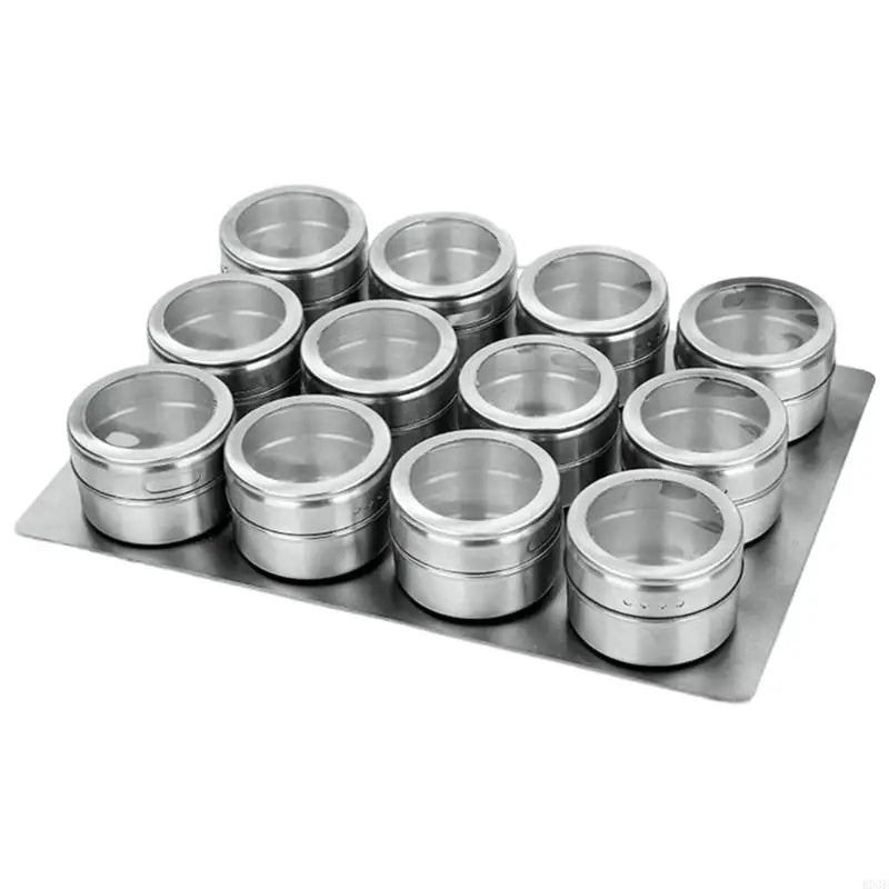Kitchen Counter Seasoning Jar Set, 12 Piece Metal Jars with Clear Top Window, Base Tray and Daily Cooking Access for Home B03E