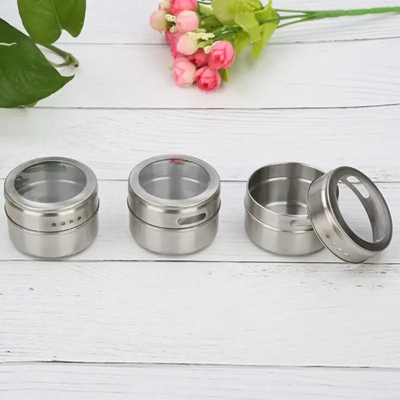 Kitchen Counter Seasoning Jar Set, 12 Piece Metal Jars with Clear Top Window, Base Tray and Daily Cooking Access for Home B03E