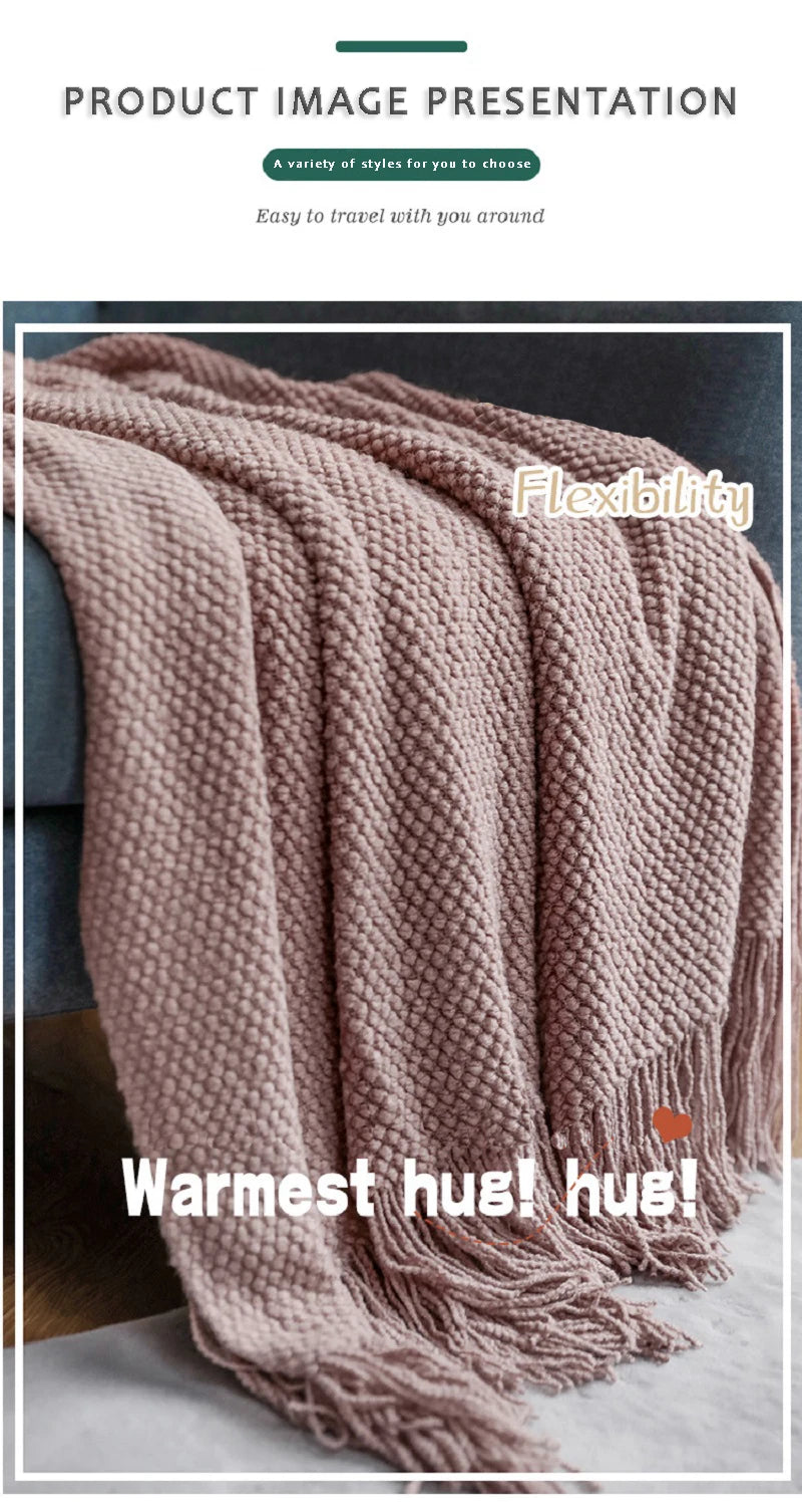 Nordic Knitted Blanket on the Bed Sofa Plaid Travel Nap Blankets Solid Color Soft Winter Air Conditioning Blanket with Tassels