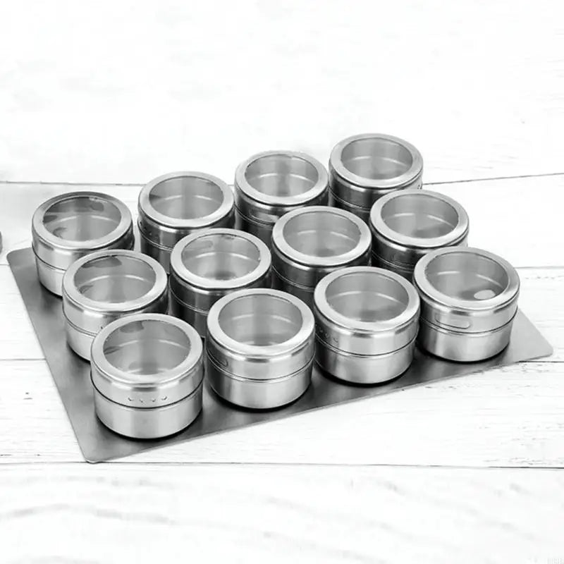 Kitchen Counter Seasoning Jar Set, 12 Piece Metal Jars with Clear Top Window, Base Tray and Daily Cooking Access for Home B03E