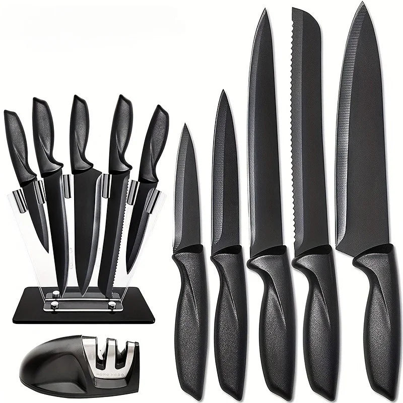 Kitchen knife 7-piece set, black professional stainless steel chef's knife with holder set home rust-proof and sharp meat cutter