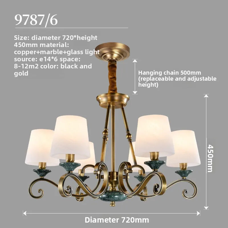 American Simple Country Living Room Bedroom Lighting Simple Pastoral Villa Hall Dining Room Light Marble All Copper Chandelier