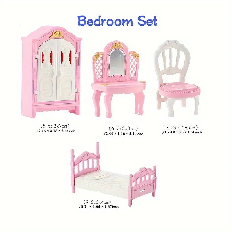 Dollhouse Furniture Set Accessories Doll House Mini Furniture Pretend Play Bedroom Living Room Bathroom Kitchen Kids Birthday