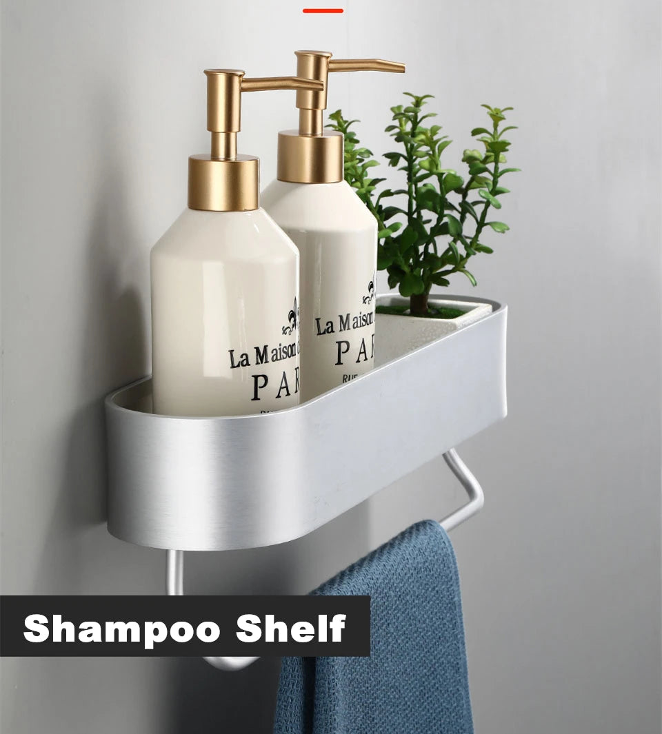 Black Bathroom Shelf Shower Basket Kitchen Storage Rack With Towel Bar Cosmetics Wall Shelves Bathroom Accessories