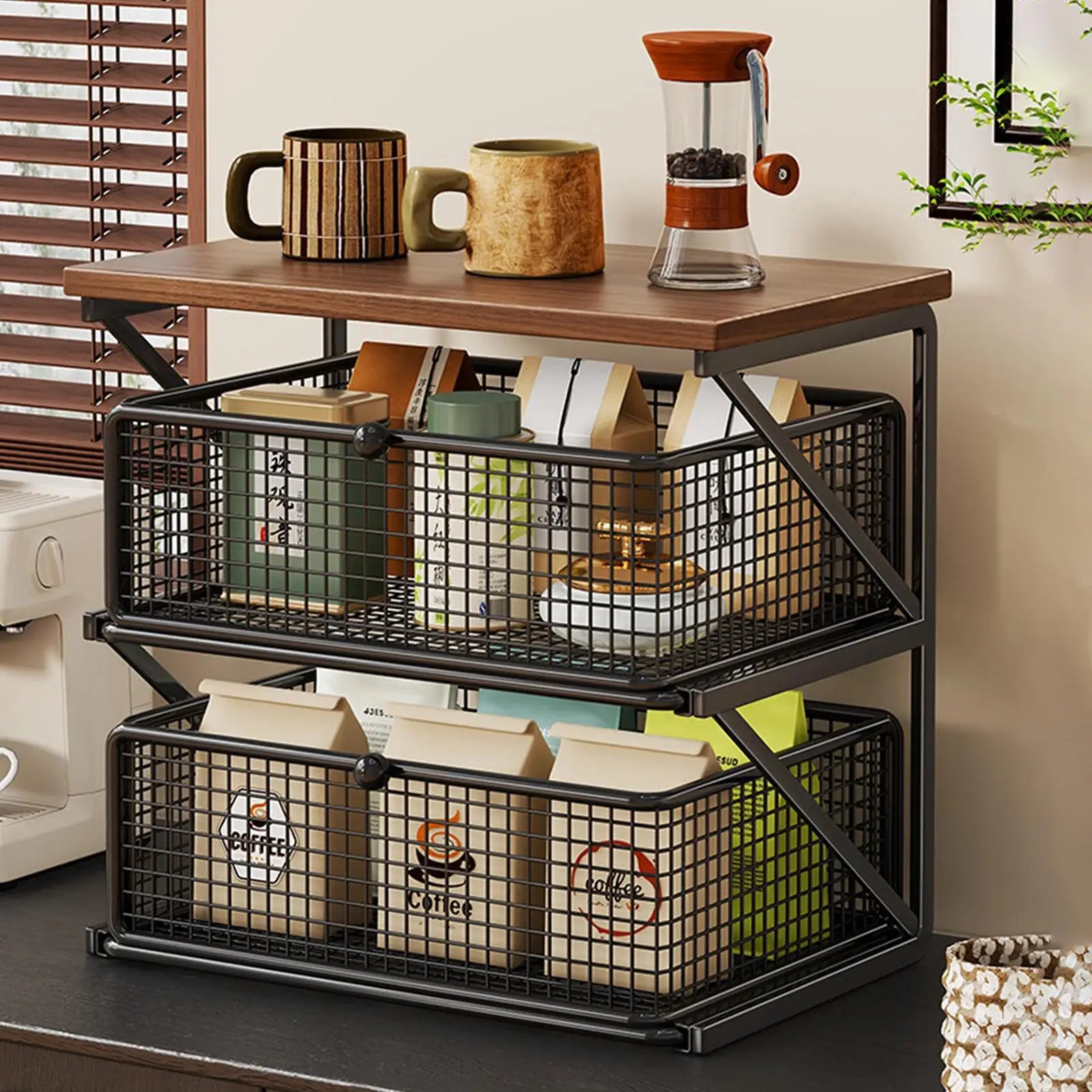 Kitchen Counter Shelf Organizer Ironwood Drawer Storage Rack Coffee Accessories Station for Room and Pantry
