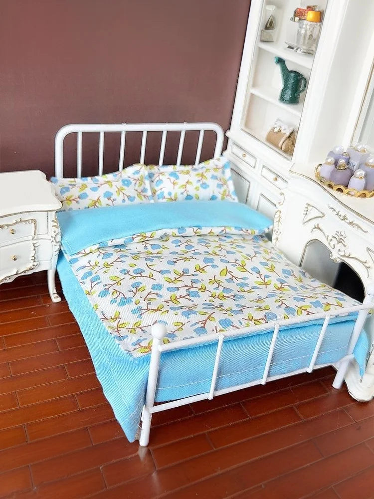 Four Piece Bed Set: Miniature Bed, Bed Sheet, Quilt & Pillow with Quilt Cover - Dollhouse Bedding Set for Doll Bedroom Decoratio