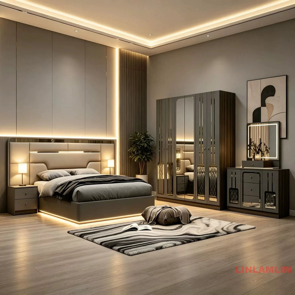 MINBDIBAO Turkish style Bedroom Set – King Bed with Upholstered Headboard, Nightstands, Wardrobe with Mirrored Doors, Dresser