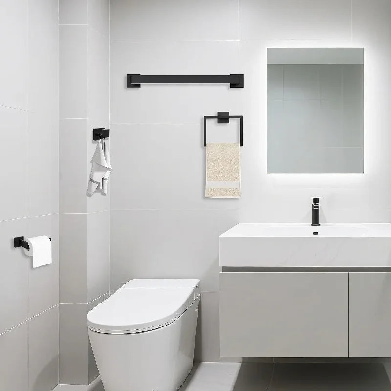5-Piece Bathroom Hardware Set – Wall Mounted Towel Bar, Robe Hook, Shelf and Tissue Paper Holder for Bathroom Accessories