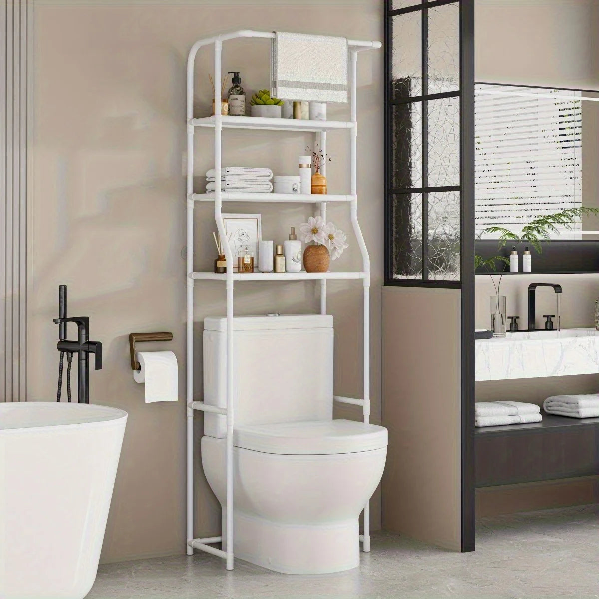 Bathroom Toilet Storage Rack, Balcony Washing Machine Shelf, Multi-Layer Metal Storage Rack with Toilet Paper Holder