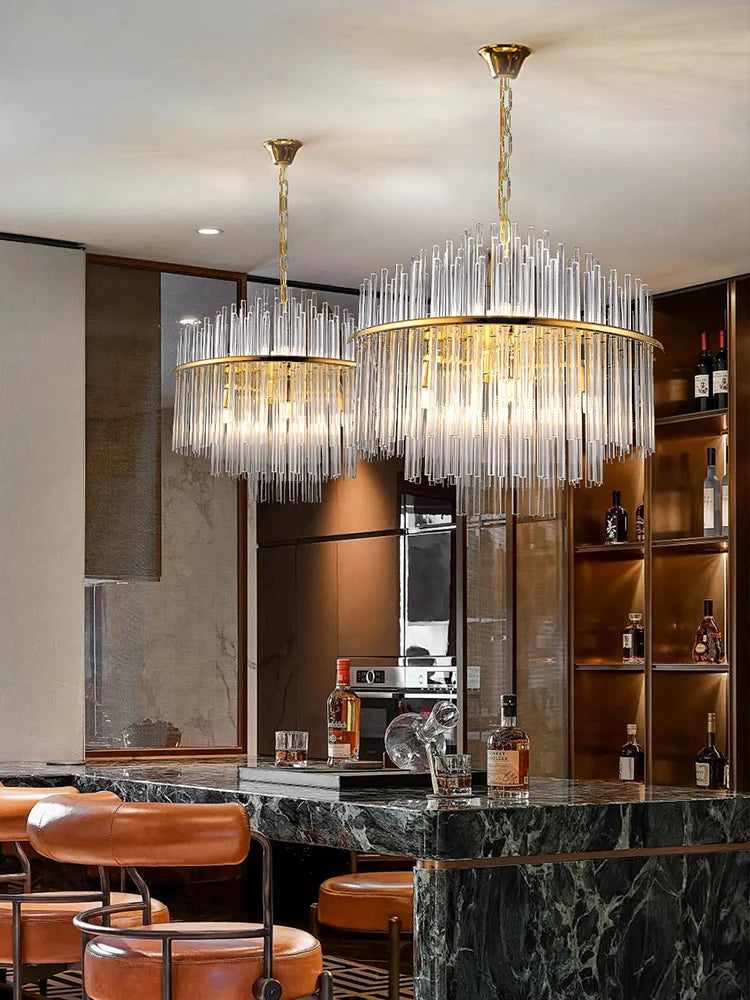 Living Room Ceiling Chandeliers Glass Rods Lamp Round Lighting Fixtures Modern Home Luxury Lustre Foyer Big Hanging Light Gold