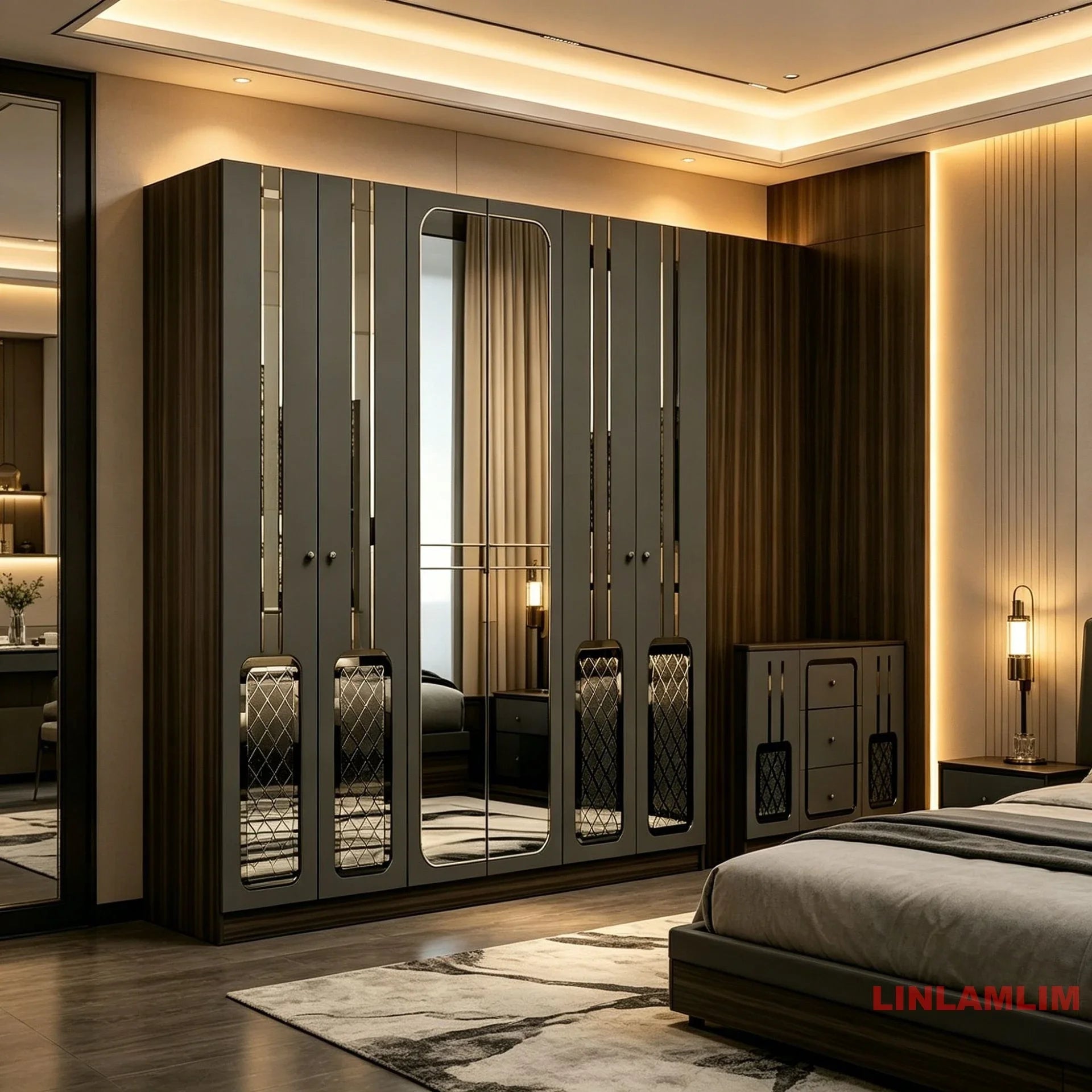 MINBDIBAO Turkish style Bedroom Set – King Bed with Upholstered Headboard, Nightstands, Wardrobe with Mirrored Doors, Dresser