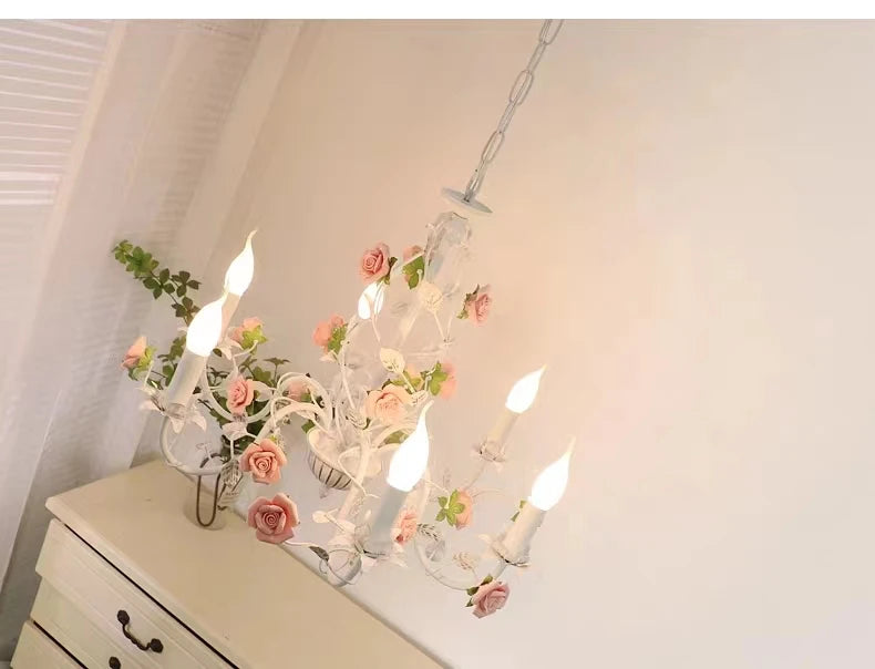 Bedroom Pastoral Rose French Chandelier Children's Room Wrought Iron Warm American Retro Princess Style Fresh Lamps